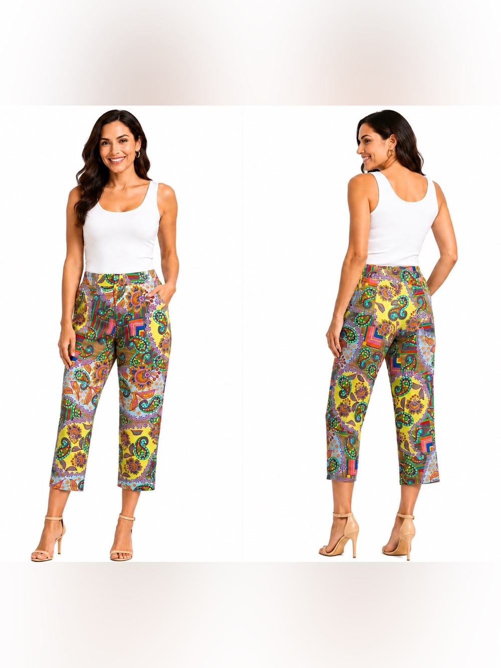 David Meister Multicolor Paisley‎ Crop Pants Size 10 Resort Boho Capri